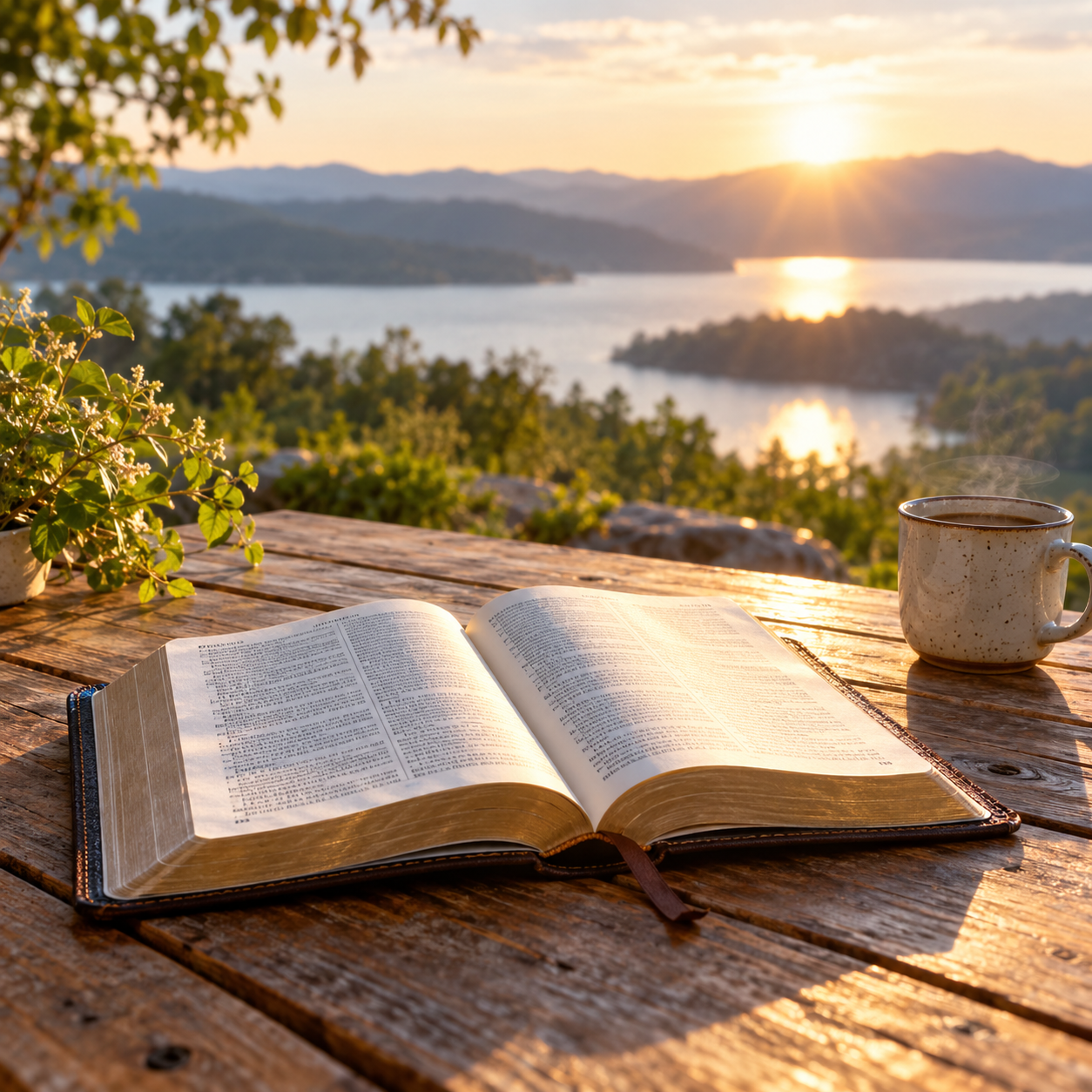 Open Bible and coffee at sunrise